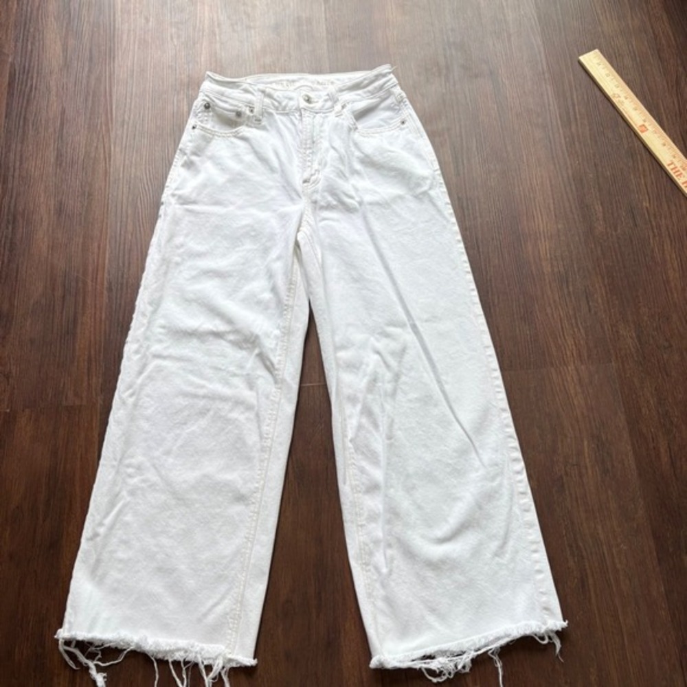 ♾️American Eagle White Super High-Rise Baggy Wide Leg Ankle Jeans Raw Hem 00S♾️